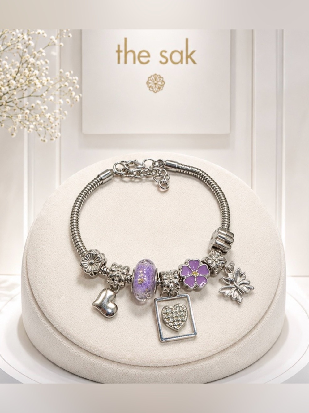 The Sak Silver-Tone Charm Bracelet with Hearts, Butterfly, &  Purple Flower